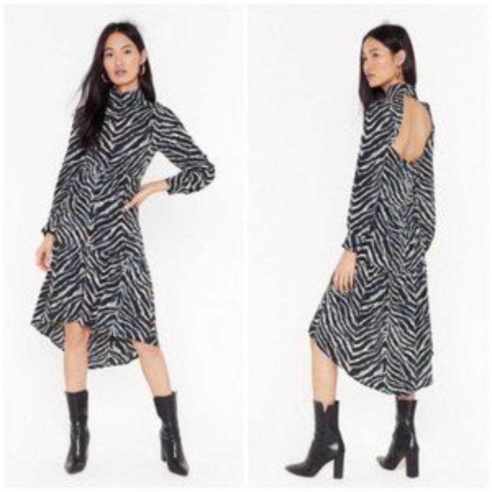 Nasty Gal Zebra Print‎ Midi Dress 8 Long Sleeves High Low Hem Green Black